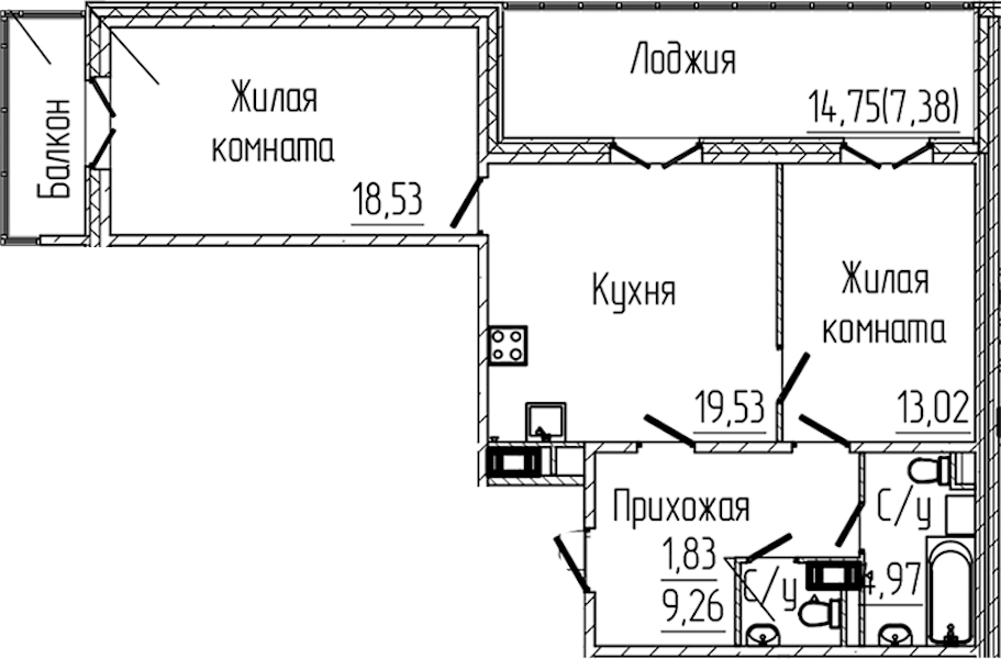 2-комнатная квартира 75.74 м², 6/8 эт., ЖК «SERTOLOVO PARK»